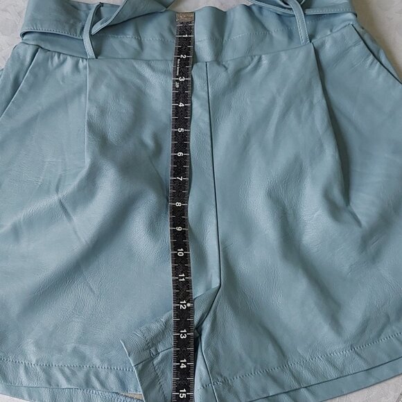Luna Allegra High Waist Faux Leather Shorts Small Teal Blue Paperbag Tie Waist - Picture 6 of 11